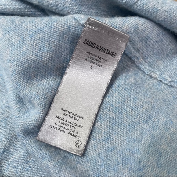 Zadig & Voltaire Vivi Destroy Patch Cashmere Sweater Blue Elbow Patches Sz L - Picture 9 of 10